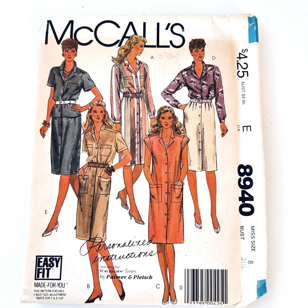 McCalls 8940 RARE Palmer Pletch Fitting System Shirtdress Skirt Top Sz 8 Uncut